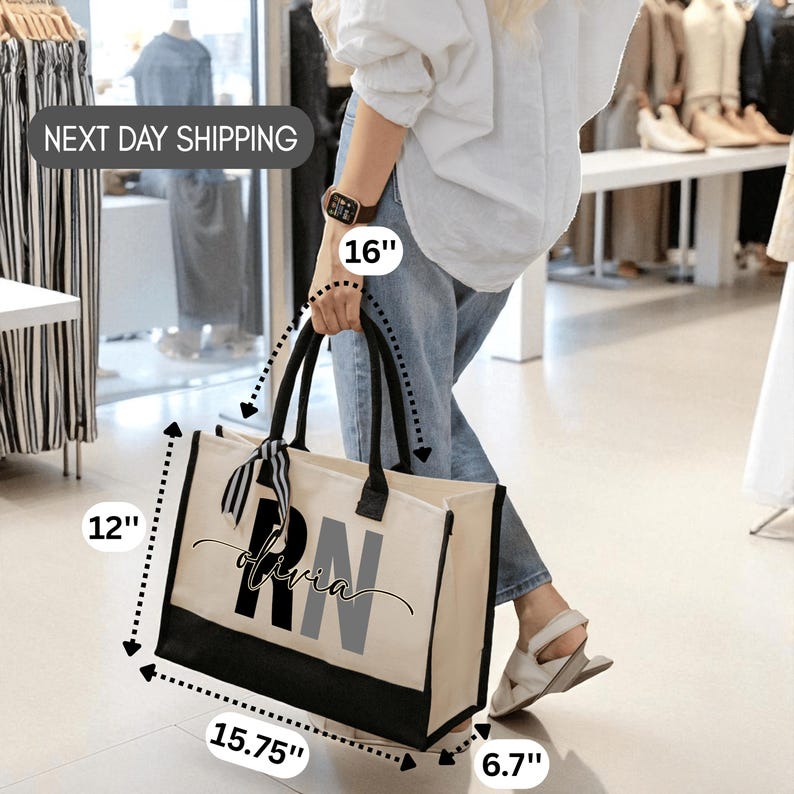 A person is holding a large tote bag with the word "RN" printed on it, and there is text indicating the bag is 16 inches in length.