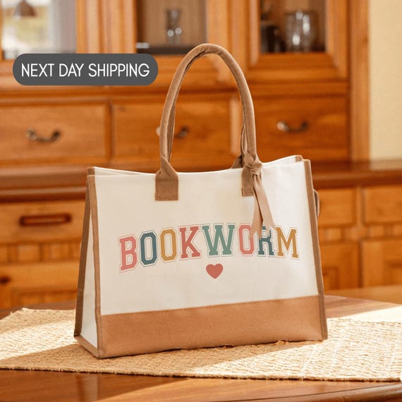 Bookworm Canvas Tote Bag, Reading Tote, Library Bag, Gift for Book Lovers, Everyday Reusable Tote