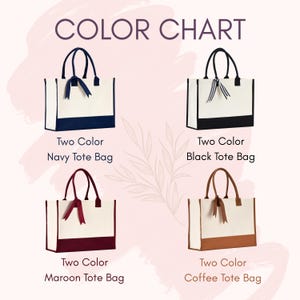 a color chart with four different tote bags, each with a distinct color and design.