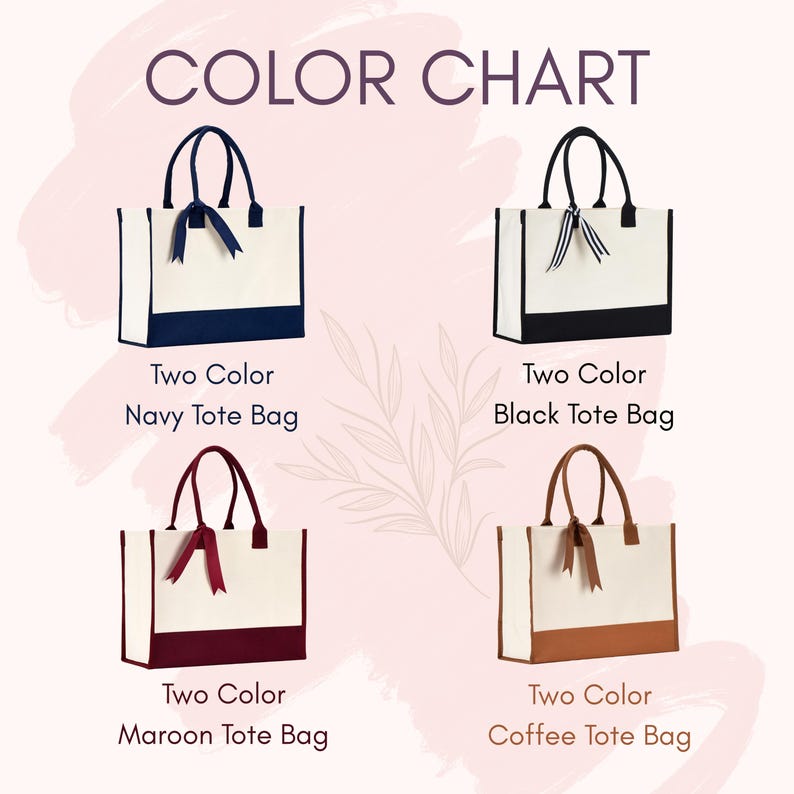 a color chart with four different tote bags, each with a distinct color and design.