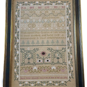 Könnte beinhalten: Gerahmtes antikes Sampler mit einem schwarzen Rahmen und goldenem Innenbesatz. Der Sampler zeigt Kreuzstich-Text, Alphabete, Zahlen und dekorative Blumen- und Baummotive. Der Text lautet "Pitch upon that Course of Life..." und "Maria Fifher wrought this in the 21 Year of her age 1796."