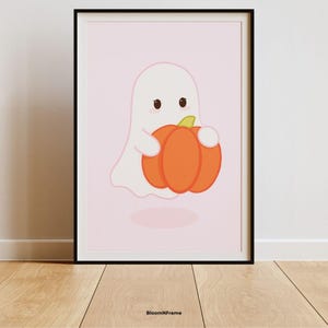 Pastel Pink Ghost with Pumpkin | Cute Halloween Wall Art | Printable Nursery Decor for Girls