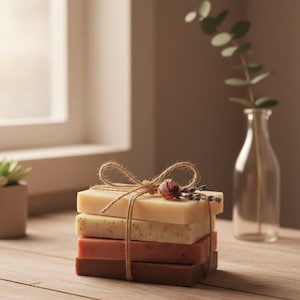 Op de afbeelding: Een stapel van vier handgemaakte zepen in verschillende tinten beige, roze en bruin, vastgebonden met touw en versierd met een gedroogde roos en lavendel. De zepen zijn gestapeld op een houten oppervlak, met een raam en een vaas met groen in de achtergrond.