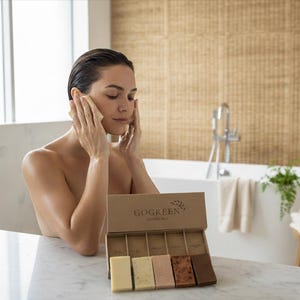 Conjunto de 5 sabonetes artesanais, ecológicos e sem plástico, para cuidados com a pele, em embalagem para presente com sabonetes naturais de azeite de oliva, veganos, de argila rosa com argan e aloe vera.