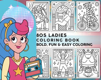 Puede incluir: Un libro para colorear digital titulado "80s Ladies Coloring Book" con páginas para colorear atrevidas, divertidas y fáciles. La portada presenta una mujer de dibujos animados con cabello azul y un radiocasete. El tema del libro es la moda y la cultura de los años 80.