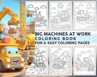 May include: A digital coloring book titled "Big Machines at Work" with line drawings of construction vehicles. The cover features a yellow cartoon dump truck and excavator. The book includes fun and easy coloring pages.