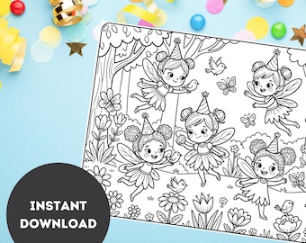 Fairy Coloring Placemats Printable Bundle, Kids Activity Placemats, Birthday Party Favor, Instant Download Table Mat