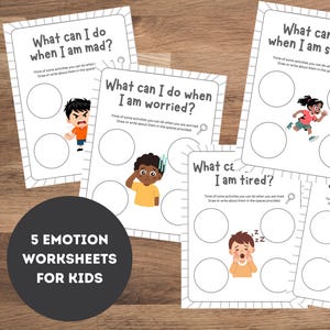 May include: Five emotion worksheets for children. Each worksheet focuses on a different emotion: mad, worried, scared, tired, and sad. Each worksheet includes a title and space for drawing or writing about the emotion.