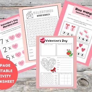 May include: A collection of pink Valentine's Day activity worksheets. The worksheets include multiplication problems, a word search, a maze, and counting exercises. The text on the worksheets includes "Valentine's Day" and "10-PAGE PRINTABLE ACTIVITY WORKSHEET."