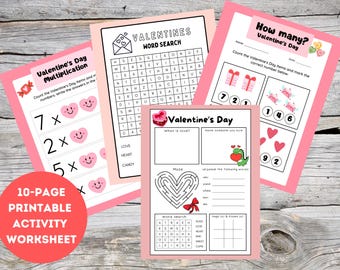 Valentines Day Activity Worksheets for Kids | Multiplication Arrays, Counting, Mazes, Word Search & Coloring Pages