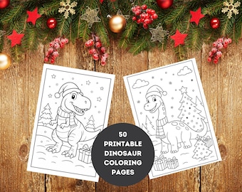 Printable Dinosaur Coloring Pages with Christmas theme, 50-Page Holiday Printable