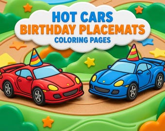 Hot Car Coloring Placemat, Kids Activity Mat, Birthday Party (PDF)
