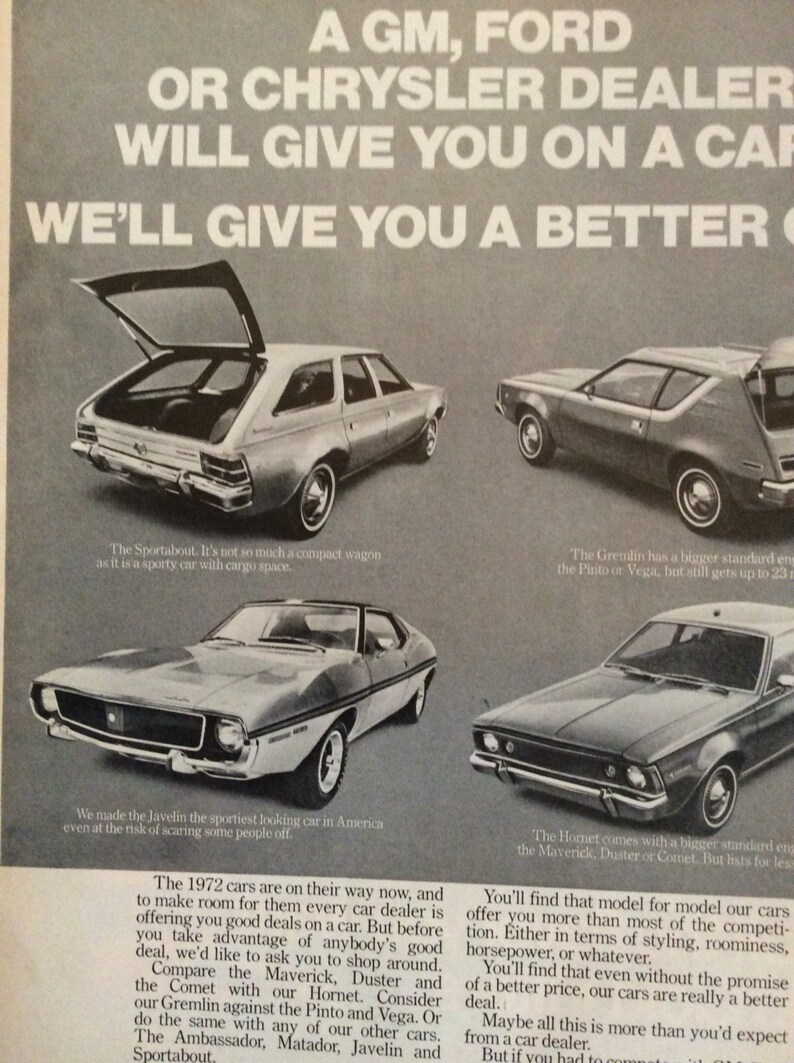 1970 maverick for sale on Gm Ford Ad Car Ad Gremlin Ad American Motors Ad Retro Car Etsy