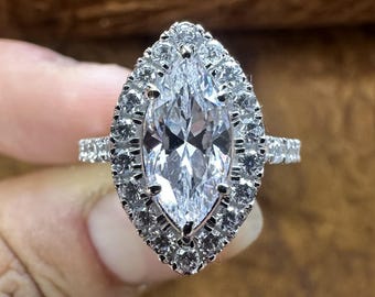 Marquise Cut Halo VVS White Silver Moissanite Engagement Ring with Pave Set Side Stones, Bridal Ring, Promise Ring Gift for Her.
