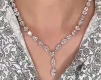 All Mix Shape Moissanite VVS White Diamond Platinum Plated Sterling Silver Diamond Necklace For Her.