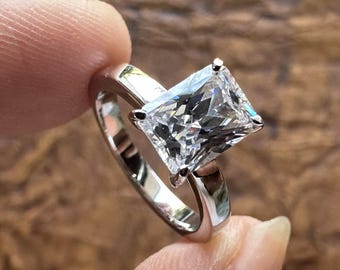 Radiant Cut Solitaire VVS White Diamond Moissanite Silver/Solid Gold, Engagement Ring For Her. For Anniversary And Wedding Ring Gift For Her
