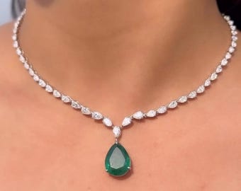 Pear Tennis Necklace:  , Platinum Plated Sterling Silver Moissanite Diamond Tennis Necklace For Her Gift.