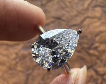 5 Ct Pear Cut VVS White Moissanite Silver/ Solid Gold Solitaire Engagement Ring, Wedding Ring Gift For Her.