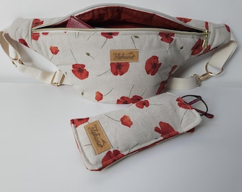 Riñonera artesanal + estuche para gafas a juego en tela con estampado floral de amapolas o margaritas: un práctico conjunto para el día a día; una idea de regalo para mujeres.