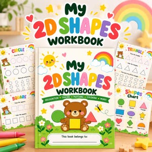 Arbeitsheft mit über 15 Seiten zu 2D-Formen, Arbeitsblätter zu Formen für Vorschulkinder, Nachzeichnen, Farben zuordnen, PDF-Übungen zur Formenerkennung im Kindergarten