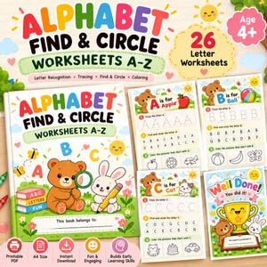 May include: Alphabet Find & Circle Worksheets A-Z educational book for children age 4+. The cover features a bear and rabbit with the title and text. Includes 26 letter worksheets with tracing, letter recognition, and coloring activities.