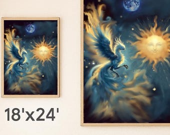 Arte de pared de fénix imprimible digital descargable / Decoración de fantasía celestial / Arte de pared de fénix sol y luna
