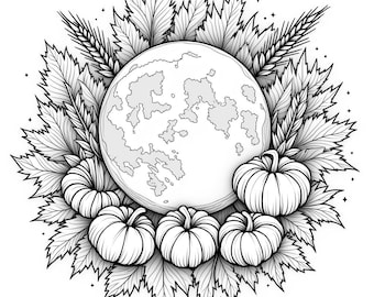 May include: Black and white illustration featuring a full moon surrounded by leaves, wheat, and pumpkins. The pumpkins are arranged at the bottom, with the moon and foliage forming a circular design. A fall or harvest theme.