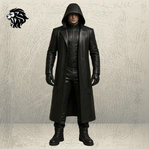 May include: A black leather trench coat with a hood, worn over a matching black high-neck shirt and trousers. The outfit includes black leather gloves and black boots. A black lion head logo is positioned in the upper left corner of the image.