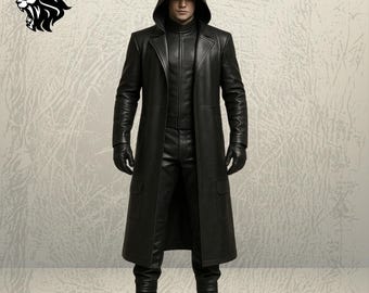 Leather Costume | Men’s Black Long Hooded Leather Trench Coat | Rider Costumes
