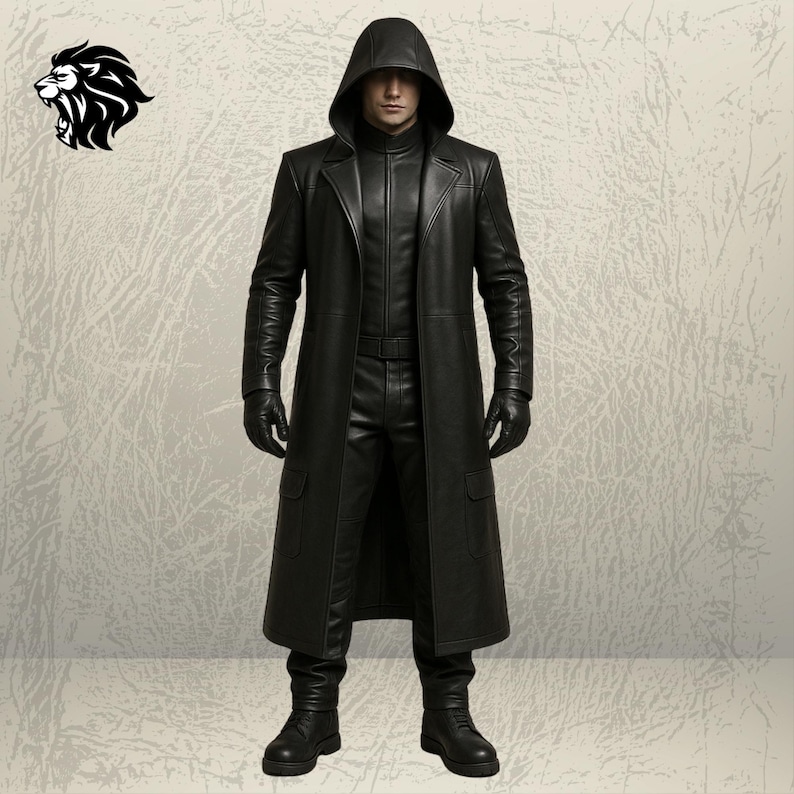 May include: A black leather trench coat with a hood, worn over a matching black high-neck shirt and trousers. The outfit includes black leather gloves and black boots. A black lion head logo is positioned in the upper left corner of the image.