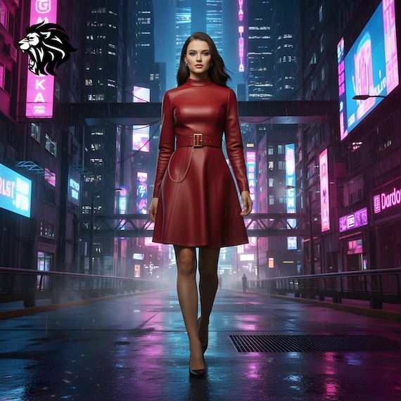 red leather high neck dress Women's Red Leather Belted Dress Long Sleeve High Neck A Line Mini Cocktail Party Outfit