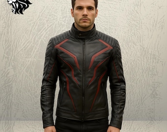 Men’s Black & Red Leather Biker Jacket | Handcrafted Sport Rider Design