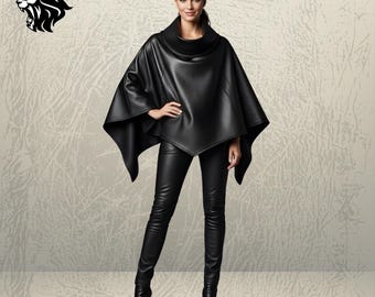 May include: A black leather poncho with a high collar and a cape-like design. The poncho is paired with matching black leather trousers and high-heeled boots. The outfit is sleek and modern, suitable for a fashion-forward look.