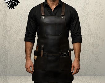 Men’s Black Leather Work Apron | Barber, Craftsman & Workshop Tool Apron | Handmade Full-Grain