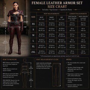 May include: A size chart for a leather armor set including a top with a corset and capelet, and pants. The chart displays body and garment measurements in inches and centimeters, with diagrams illustrating how to measure bust, waist, hip, and pant length.