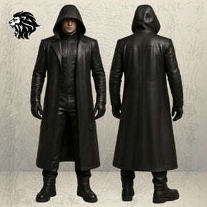 May include: A black leather trench coat with a hood, long sleeves, and two front pockets, shown from both the front and back views. The coat features a high collar, a buttoned front closure, and matching black leather trousers and boots.