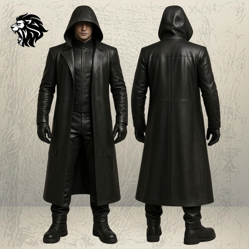 May include: A black leather trench coat with a hood, long sleeves, and two front pockets, shown from both the front and back views. The coat features a high collar, a buttoned front closure, and matching black leather trousers and boots.