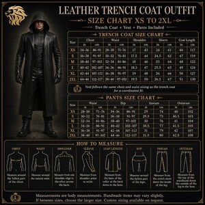May include: A black leather trench coat outfit size chart featuring a hooded coat, vest, and pants. The graphic includes detailed measurement tables in inches and centimeters for sizes XS to 2XL, along with illustrated instructions on how to measure.