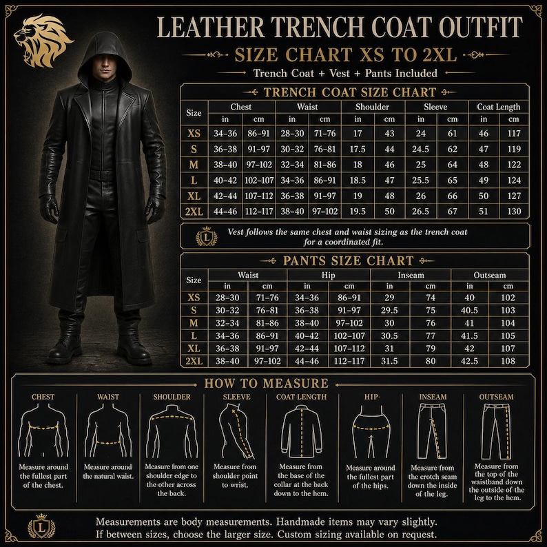 May include: A black leather trench coat outfit size chart featuring a hooded coat, vest, and pants. The graphic includes detailed measurement tables in inches and centimeters for sizes XS to 2XL, along with illustrated instructions on how to measure.
