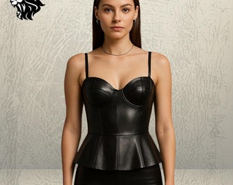 Handmade Black Leather Peplum Top: Women's Fashion Bustier