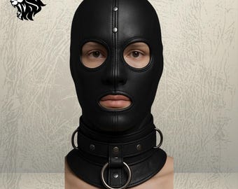 Maschera integrale in pelle nera fatta a mano / Collare con fibbia regolabile