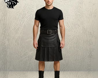 Zwarte leren utility-kilt heren – handgemaakte moderne krijgersrok