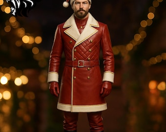 Handmade Red Leather Christmas Coat | Shearling Trim, Santa Hat
