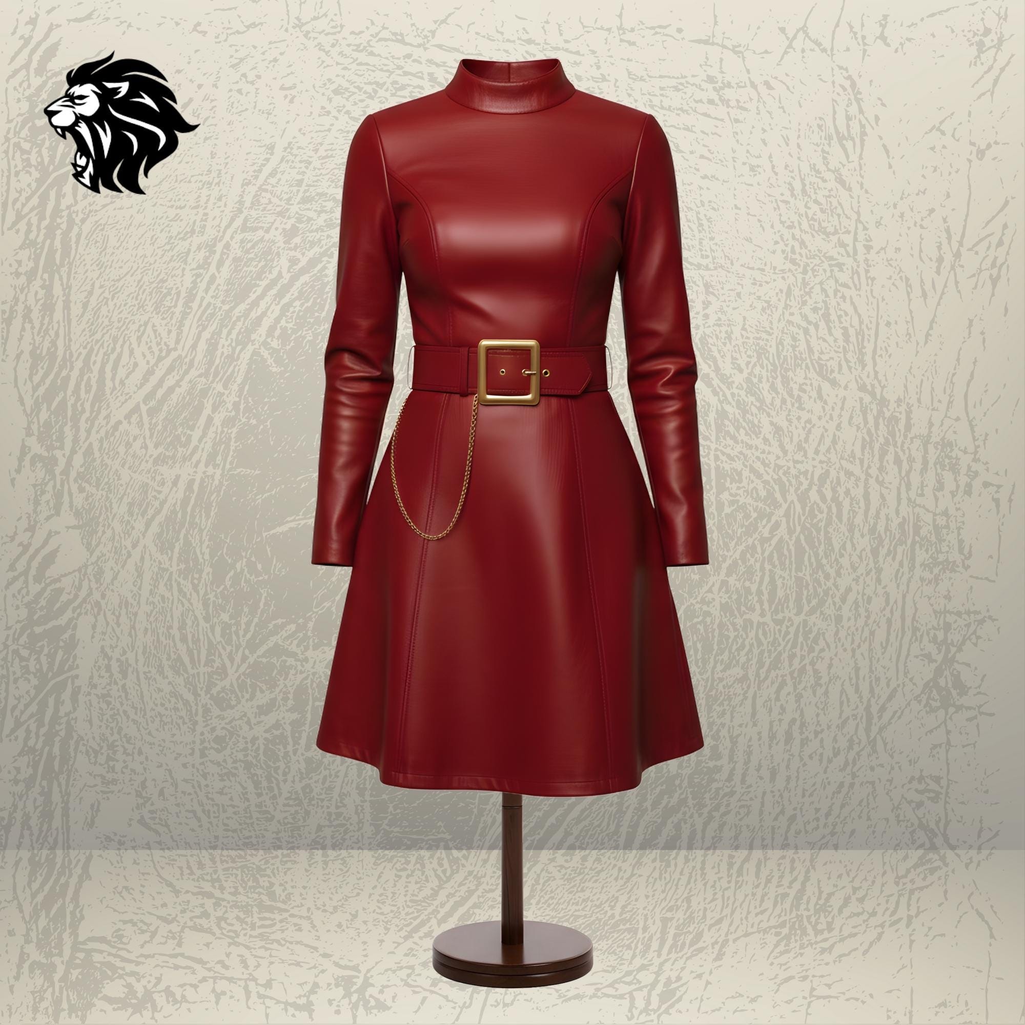 red leather high neck dress Red Real Leather Dress With Belt