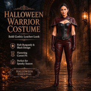 May include: A burgundy and black Halloween warrior costume featuring a corset-style bodice, matching fitted trousers, a short cape, and long gloves. Text on the image reads: HALLOWEEN WARRIOR COSTUME, Bold Gothic Leather Look, Rich Burgundy & Black Design, Flattering Corset Fit, Perfect for Spooky Season, HALLOWEEN ESSENTIAL.