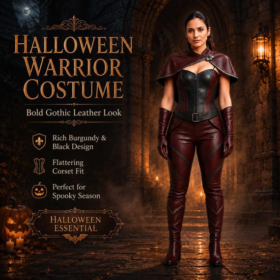 Women’s Burgundy and Black Leather Costume, Gothic Cape, Bodice and Pants, Halloween Cosplay Outfit