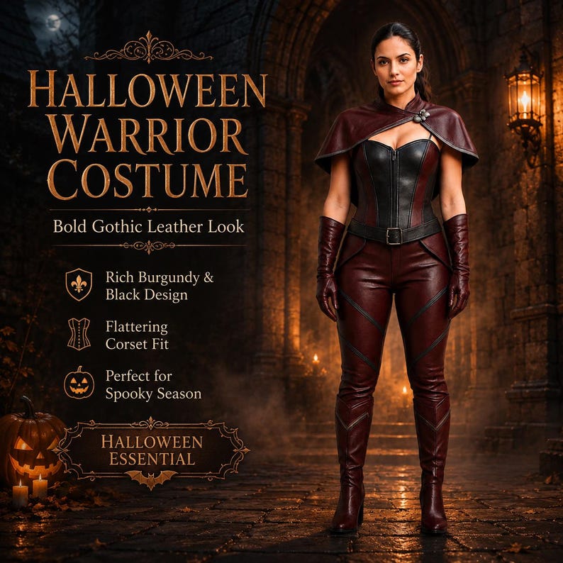 May include: A burgundy and black Halloween warrior costume featuring a corset-style bodice, matching fitted trousers, a short cape, and long gloves. Text on the image reads: HALLOWEEN WARRIOR COSTUME, Bold Gothic Leather Look, Rich Burgundy & Black Design, Flattering Corset Fit, Perfect for Spooky Season, HALLOWEEN ESSENTIAL.