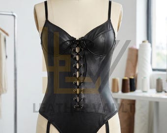 Body corsé de piel sintética, top gótico con cordones y ligueros, ropa de club de moda alternativa.