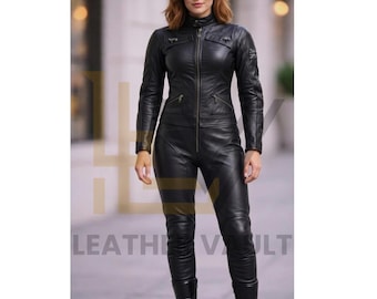 Schwarzer Leder-Catsuit Damen | Slim Fit Moto Body | Gothic Streetwear Outfit