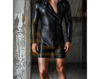 Mono de cuero negro para hombre – Mono de motorista con cremallera asimétrica